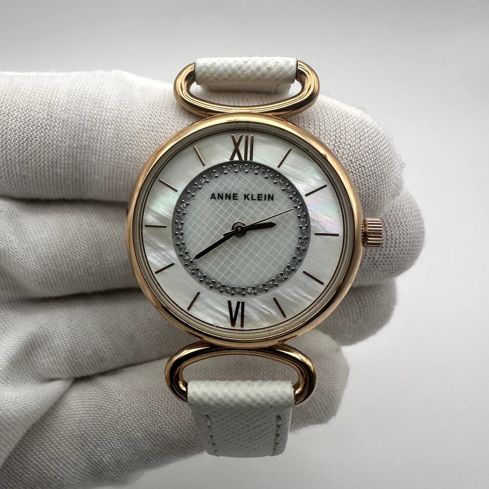 Anne Klein Rose Gold Tone Mother of Pearl Dial White Leather Strap Watch - Picture 2 of 9